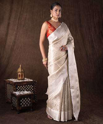 ivory handloom silk saree with subtle woven texture 3