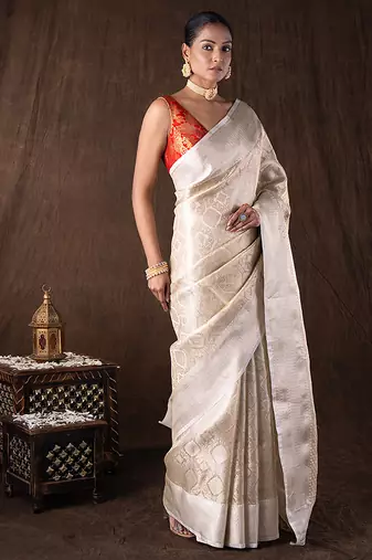 ivory handloom silk saree with subtle woven texture