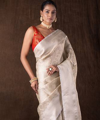 ivory handloom silk saree with subtle woven texture 4