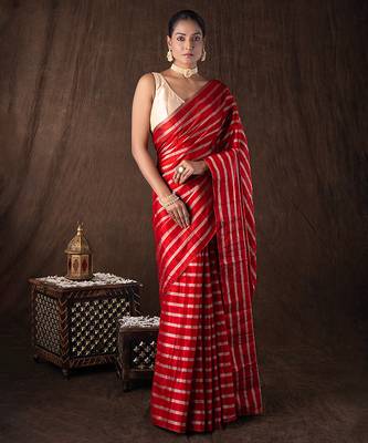 red handloom silk saree with striped zari pattern 1