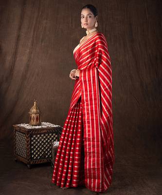 red handloom silk saree with striped zari pattern 2