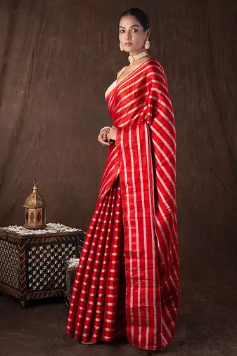 red handloom silk saree with striped zari pattern