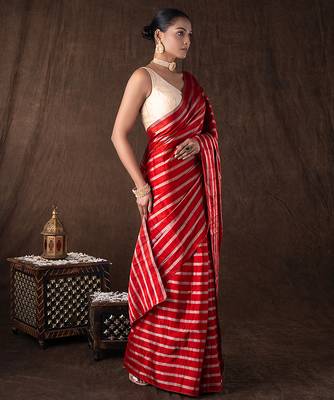 red handloom silk saree with striped zari pattern 3