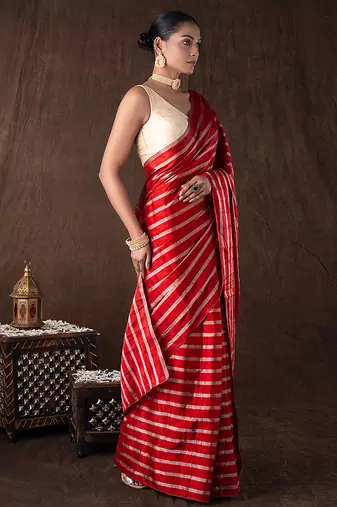 red handloom silk saree with striped zari pattern