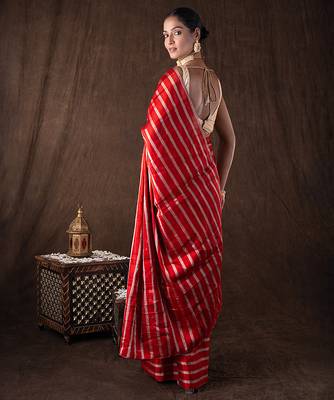 red handloom silk saree with striped zari pattern 5