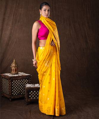 bright yellow handloom pure silk saree with woven motifs 2