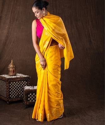 bright yellow handloom pure silk saree with woven motifs 3