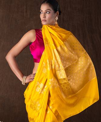 bright yellow handloom pure silk saree with woven motifs 4