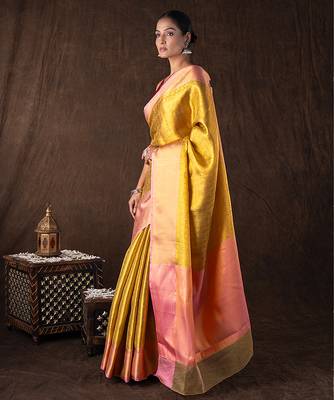 golden handloom banarasi silk saree with textured zari weave 2
