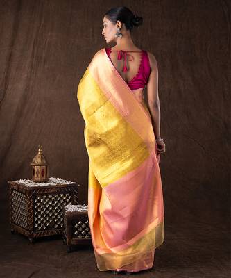 golden handloom banarasi silk saree with textured zari weave 3