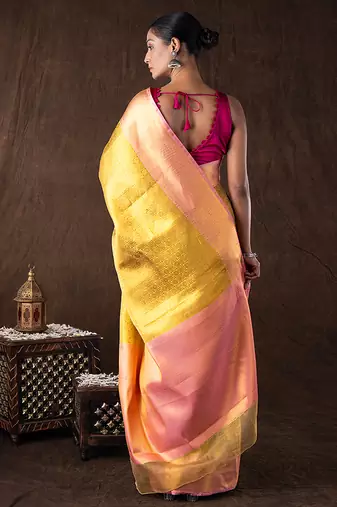 golden handloom banarasi silk saree with textured zari weave