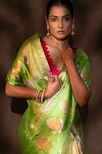 green handloom tissue silk saree with shimmer finish