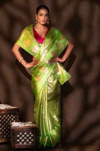 green handloom tissue silk saree with shimmer finish