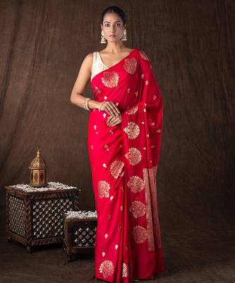 red handloom pure silk saree with gold floral motifs 1