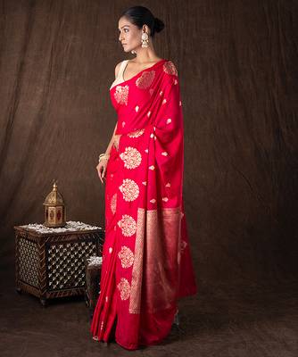 red handloom pure silk saree with gold floral motifs 2
