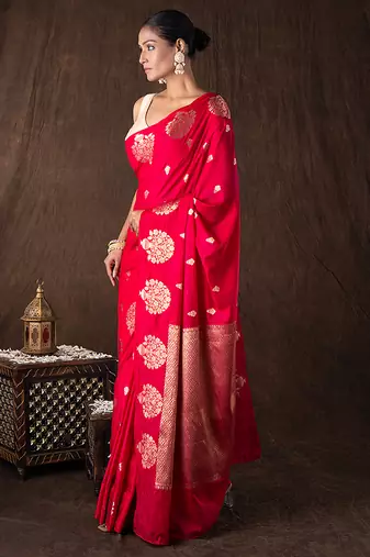 red handloom pure silk saree with gold floral motifs