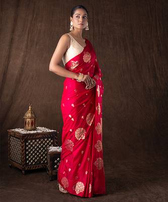 red handloom pure silk saree with gold floral motifs 3