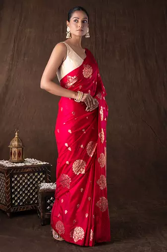 red handloom pure silk saree with gold floral motifs
