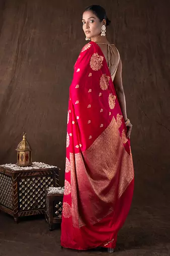 red handloom pure silk saree with gold floral motifs