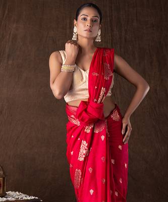 red handloom pure silk saree with gold floral motifs 5