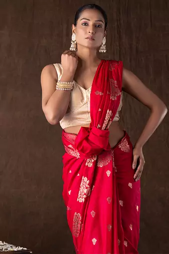 red handloom pure silk saree with gold floral motifs