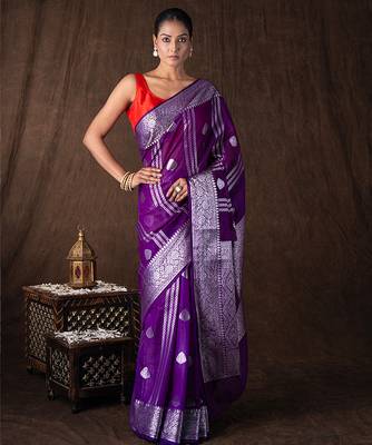purple handloom pure silk saree with silver zari detailing 1