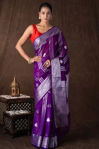 Purple handloom pure silk saree