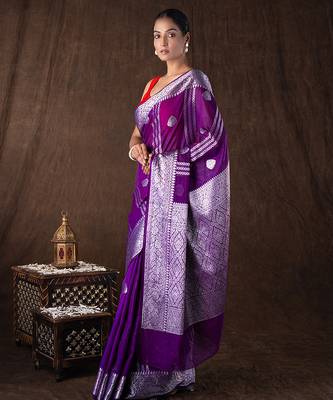purple handloom pure silk saree with silver zari detailing 2