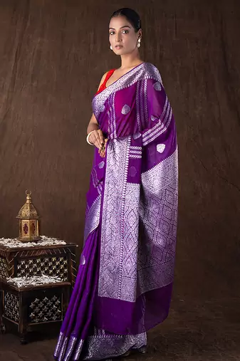 purple handloom pure silk saree with silver zari detailing