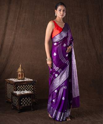 purple handloom pure silk saree with silver zari detailing 3