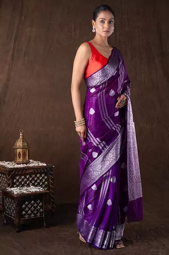 purple handloom pure silk saree with silver zari detailing