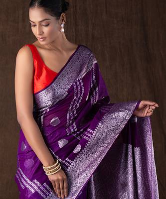 purple handloom pure silk saree with silver zari detailing 4