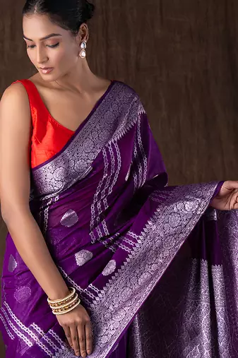 purple handloom pure silk saree with silver zari detailing