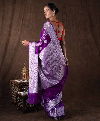 purple handloom pure silk saree with silver zari detailing 5