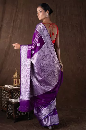 purple handloom pure silk saree with silver zari detailing