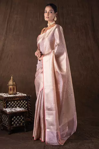 peach handloom banarasi silk saree with elegant zari weave