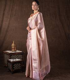 peach handloom banarasi silk saree with elegant zari weave