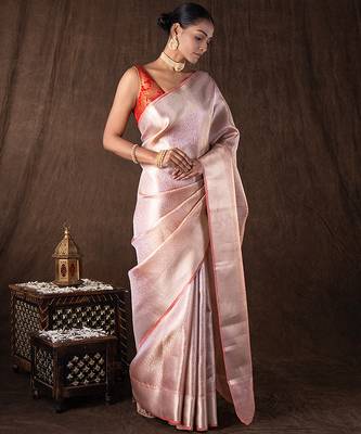 peach handloom banarasi silk saree with elegant zari weave 1