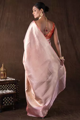 peach handloom banarasi silk saree with elegant zari weave