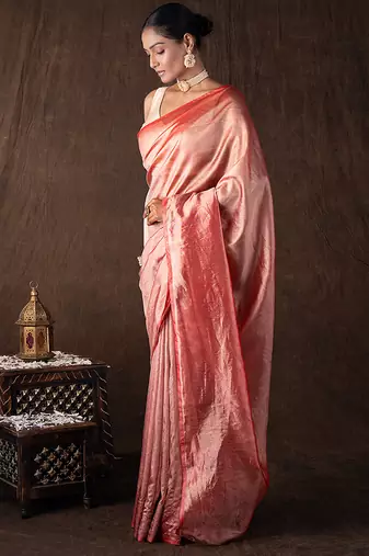 red handloom tissue silk saree with subtle shine