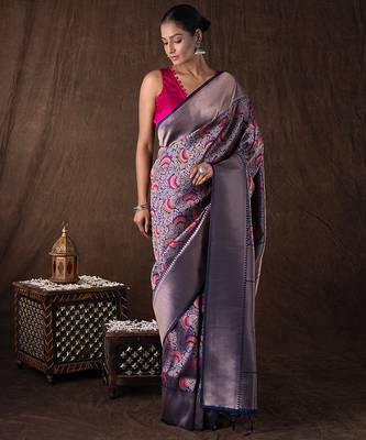 navy blue handloom kanchipuram silk saree with motifs 1