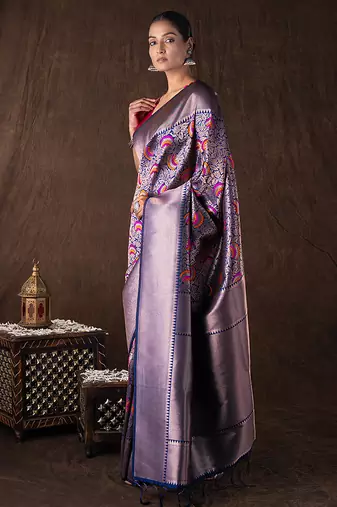 navy blue handloom kanchipuram silk saree with motifs