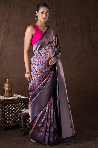 navy blue handloom kanchipuram silk saree with motifs