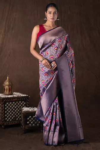 navy blue handloom kanchipuram silk saree with motifs