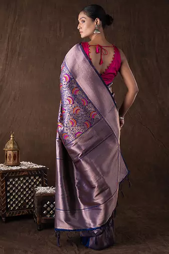 navy blue handloom kanchipuram silk saree with motifs
