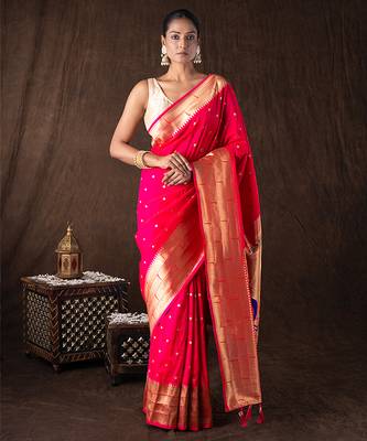 bright pink handloom tissue silk saree with zari detailing 1