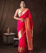 bright pink handloom tissue silk saree with zari detailing