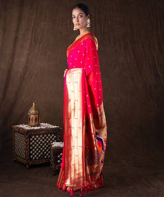 bright pink handloom tissue silk saree with zari detailing 2