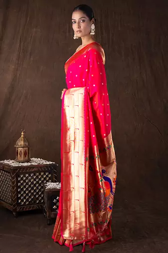 bright pink handloom tissue silk saree with zari detailing