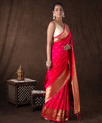 bright pink handloom tissue silk saree with zari detailing 3